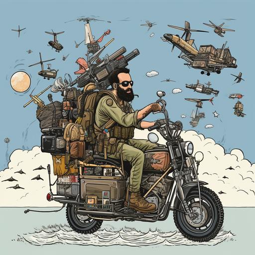 stick figure cartoons of a single man combined into one image; photographing african wildlife, working as a deckhand on the great lakes, crossing the USA on a motorcycle, paratrooper for the US army, being a spy