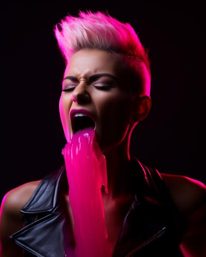stick out your tongue, woman with mohawk haircut, very long tongue, punk attitude, hot pink and off ghost white, neon pink, molecular gastronomy, professional photography, shot with Hasselblad --ar 4:5 --chaos 35 --s 250 --style raw