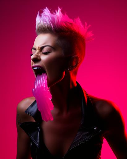 stick out your tongue, woman with mohawk haircut, very long tongue, punk attitude, hot pink and off ghost white, neon pink, molecular gastronomy, professional photography, shot with Hasselblad --ar 4:5 --chaos 35 --s 250 --style raw