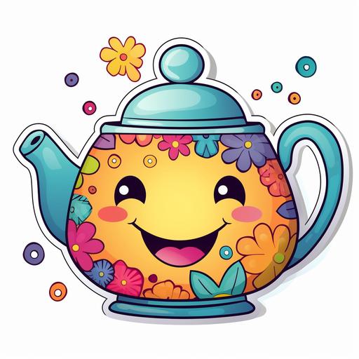 sticker, Happy Colorful teapot, kawaii, contour, vector, white background dancing