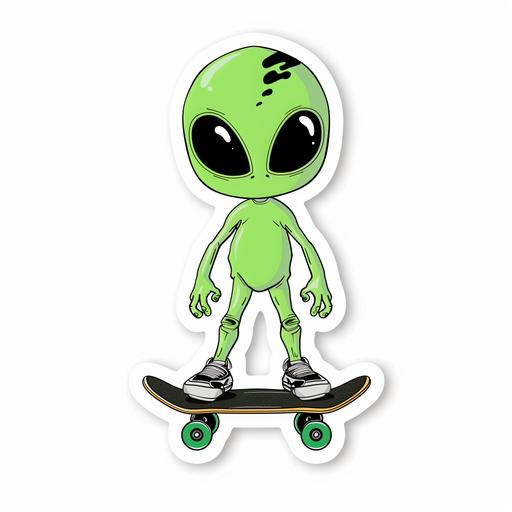 sticker alien on skate centered on solid white background --no realism --stylize 50 --v 6.0