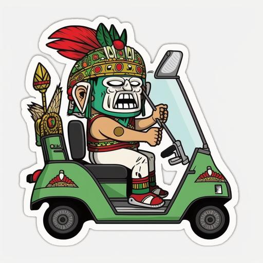 sticker, aztec warrior, green white and red, riding golf cart, cartoon, 4k --v 4 --ar 1:1