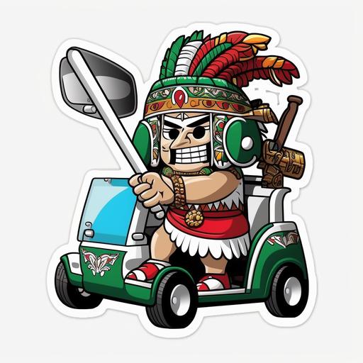 sticker, aztec warrior, no mask, golf club in hand, green white and red, riding golf cart, cartoon, 4k --v 4 --ar 1:1