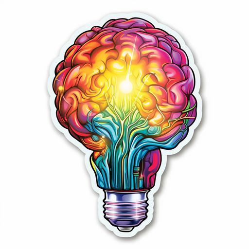 sticker, cartoon like, lightbulb brain, pyschedelic