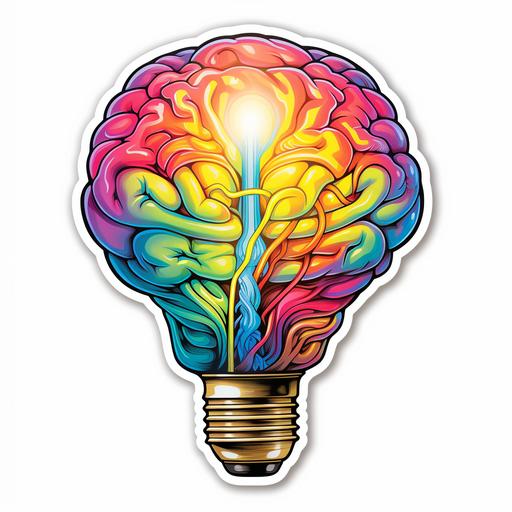 sticker, cartoon like, lightbulb brain, pyschedelic