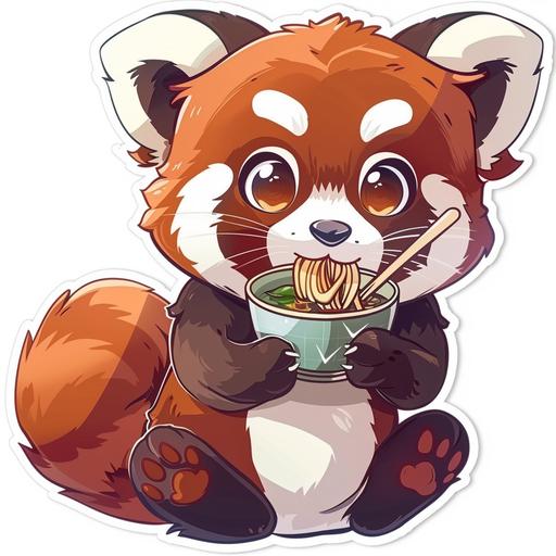 sticker cute cartoon red panda, eating ramen, vector, white back