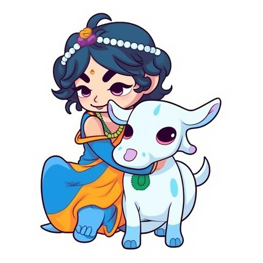 sticker, cute cartoon style, colorful, Krishna with blue skin, playing with cute cow friend, kawaii, contour, vector, white background --v 5