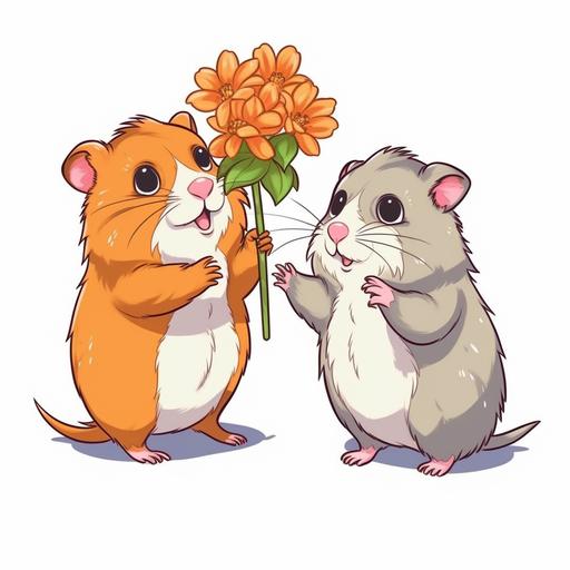 sticker, fat hamster and skiny tall gopher presenting a flower to a viewer, clip art, vector, detailed, white background, cartoon style, contour --v 5.1