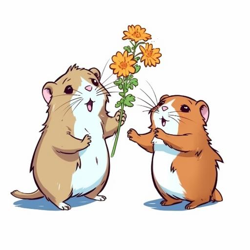 sticker, fat hamster and skiny tall gopher presenting a flower to a viewer, clip art, vector, detailed, white background, cartoon style, contour --v 5.1