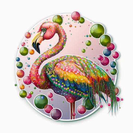 sticker, flamingo, mardi gras beads, vector, white background