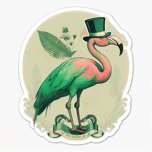 sticker, flamingo, st patricks day style, vector, white background, vintage filter