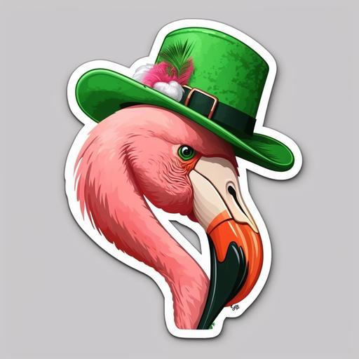 sticker, flamingo, wearing st patricks day hat, vector, white background