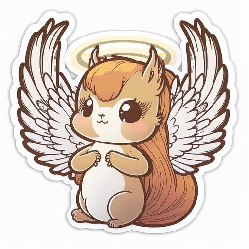 sticker, kawaii girlish cartoon squirrel with halo and angel wings, chibi cartoon, no text, line art