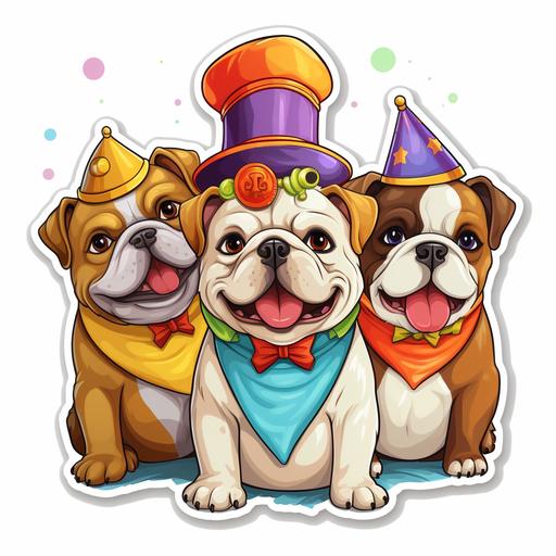 sticker of super cute bulldogs dressed as jesters with colorful jester hats and collars cartoon style.