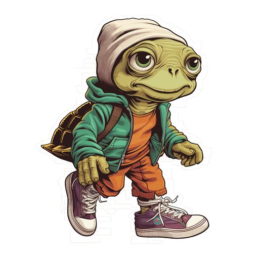 sticker, retro, turtle with sneaker as shell, hip, fashion