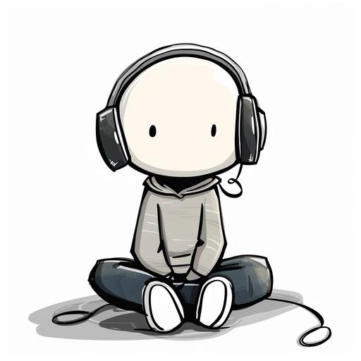 stickfigure comic, wearing headphones, sitting, white background --v 6.0