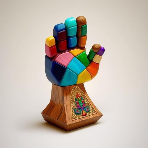 sticky slap hand shaped trohpy, jewels, colorful, realistic, wood, toy