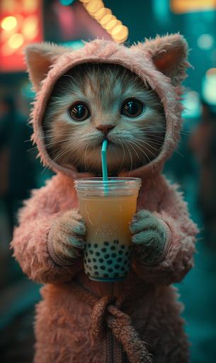 still from a movie of a Cat wearing a teddy bear costume holding a boba tea while standing in times square --s 600 --ar 3:5 --v 6.0