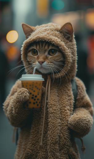 still from a movie of a Cat wearing a teddy bear costume holding a boba tea while standing in times square --s 600 --ar 3:5 --v 6.0