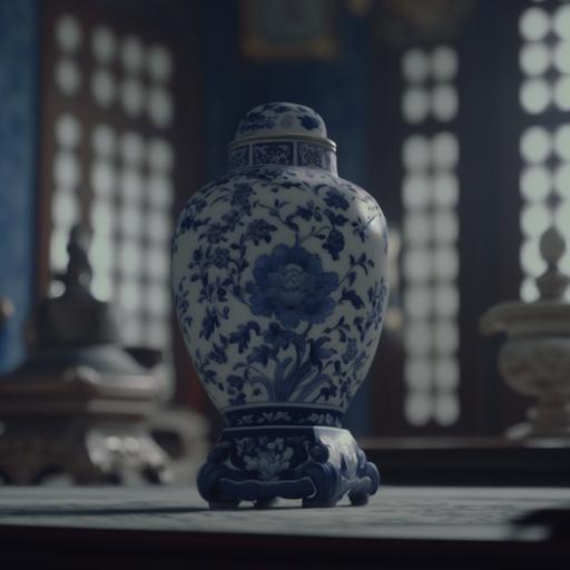 still from film, candid photo, 8 k, directed by wes anderson, christies auction house, blue and white chinese ceramic vase, cinematic, intricate detail, color, grading, beautifully color-coded, depth of field, insane, details, cinematic lighting,