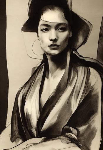 still-life charcoal drawing of a woman modelling silk robe sitting on wooden barstool, calvin klein photoshoot --reimagine --upbeta