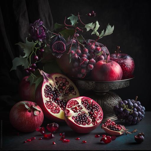 still life: hexagon Juicy halves of red pomegranates with thorns, Purple figs, red fruits, juicy apples with thorns and black lizard, avarice juicy fruits halves on a dark avarice toned background with elegant drapery, avarice photovoque still life, Luxury photo, Elena Korshak style, Maria Sibylla Merian style painting, macro photo, National Geographic photo, extremely detailed background, 8k, photorealistic resolution, hdr, high octane rendering Cinematic lighting, ultra high definition, artstation, Smooth, sharp focus, Photorealism, 8k, Full HD, 3d, unreal engine, hyperreal, surreal art, digital art, world made by light, soft lighting, extremely detailed background, photorealism, dynamic composition, 8k, photorealistic resolution, hdr, high octane rendering Cinematic lighting, Realistic Detail, Depth of field, 8k, Full HD, 3d, Super resolution, octane render, award winning photo, shot on Canon DSLR, f/2.8 Long exposure, 25mm, v4 - ar 2:3 - p 800,
