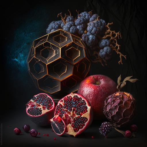 still life: hexagon Juicy halves of red pomegranates with thorns, Purple figs, red fruits, juicy apples with thorns and black lizard, avarice juicy fruits halves on a dark avarice toned background with elegant drapery, avarice photovoque still life, Luxury photo, Elena Korshak style, Maria Sibylla Merian style painting, macro photo, National Geographic photo, extremely detailed background, 8k, photorealistic resolution, hdr, high octane rendering Cinematic lighting, ultra high definition, artstation, Smooth, sharp focus, Photorealism, 8k, Full HD, 3d, unreal engine, hyperreal, surreal art, digital art, world made by light, soft lighting, extremely detailed background, photorealism, dynamic composition, 8k, photorealistic resolution, hdr, high octane rendering Cinematic lighting, Realistic Detail, Depth of field, 8k, Full HD, 3d, Super resolution, octane render, award winning photo, shot on Canon DSLR, f/2.8 Long exposure, 25mm, v4 - ar 2:3 - p 800,