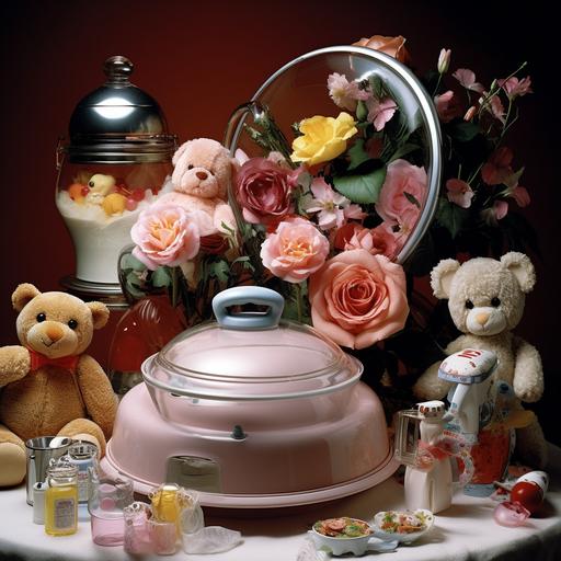 still life of Tupperware dishes, Crystal ware, cute stuffed dolls, flower bouquets wrapped in plastic, and one centered funeral floral wreath on a metal stand