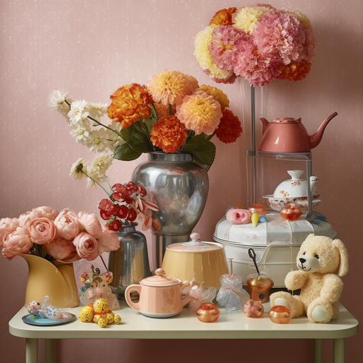 still life of Tupperware dishes, Crystal ware, cute stuffed dolls, flower bouquets wrapped in plastic, and one centered funeral floral wreath on a metal stand