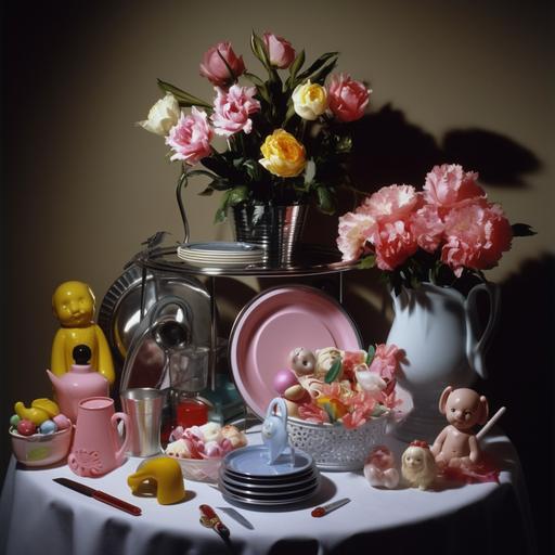 still life of Tupperware dishes, Crystal ware, dolls, flower bouquets wrapped in plastic, and one centered funeral floral wreath on a metal stand