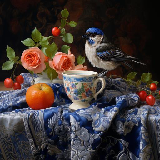 still life on a lace tablecloth with a fairy wren