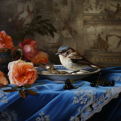 still life on a lace tablecloth with a fairy wren