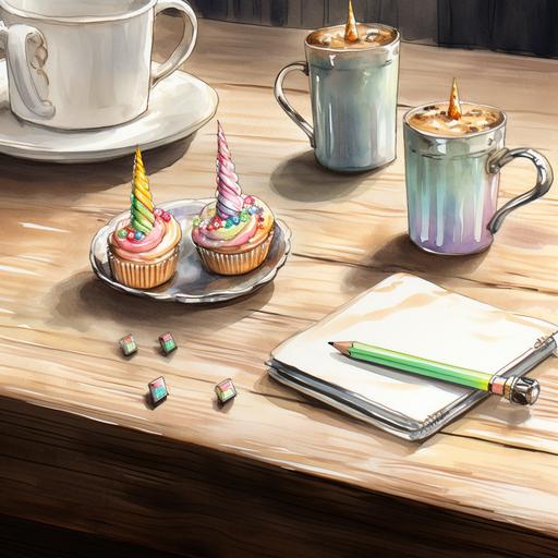 still life, unfinsihed watercolor sketch diamond stud earrings, rainbow unicorn, birthday cake on a rough wood table