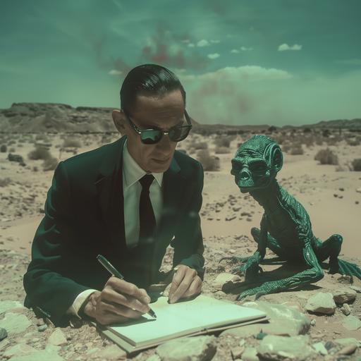 still shot of a man dressed in a plain black suit, white shirt and tie with black Ray Bans and a crew cut. He is writing in a notepad as he observes a gaunt green apparition of a demon wrestling a reptilian alien in the desert. --v 6.0