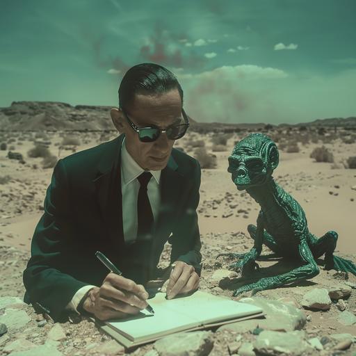 still shot of a man dressed in a plain black suit, white shirt and tie with black Ray Bans and a crew cut. He is writing in a notepad as he observes a gaunt green apparition of a demon wrestling a reptilian alien in the desert.