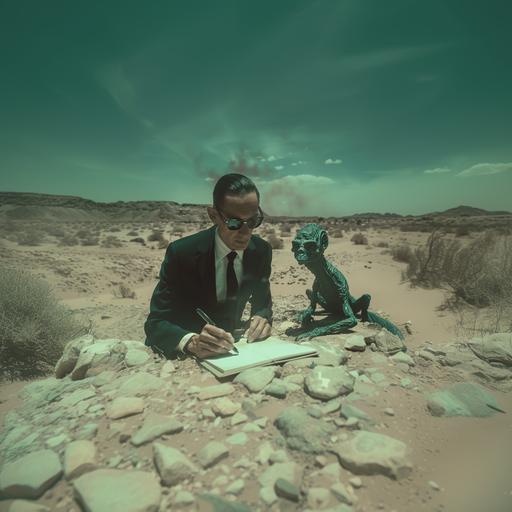still shot of a man dressed in a plain black suit, white shirt and tie with black Ray Bans and a crew cut. He is writing in a notepad as he observes a gaunt green apparition of a demon wrestling a reptilian alien in the desert.