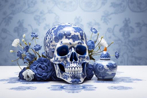 stillife skull, Laser etched with blue chintzware patterns, fruits and blue and white flowers, white table cloth --ar 3:2