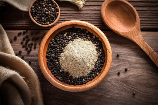 stock photo of black pepper powder on the kitchen, flat lay photography, --ar 3:2 --q 2 --v 5.1 --s 750 --c 10 --style raw