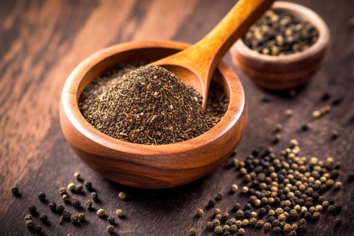 stock photo of black pepper powder on the kitchen, flat lay photography, --ar 3:2 --q 2 --v 5.1 --s 750 --c 10 --style raw