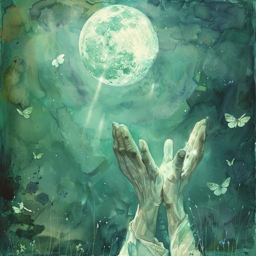 stone hands clasped in pray with a pale soft green moon shining light down with small butterflies floating around done in a water color style.