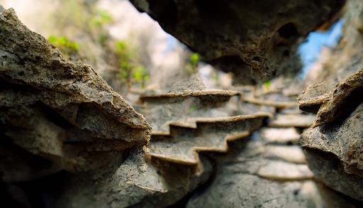 stone stairway climbing over a large chasm, bird’s eye POV, HD, 8k —ar 16:9