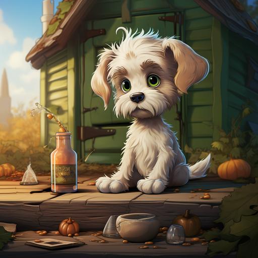 stoned cartoon puppy sitting in front of a traphouse with a bottle of opium tipped over next to him
