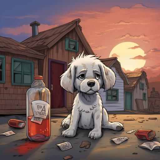 stoned cartoon puppy sitting in front of a traphouse with a bottle of opium tipped over next to him