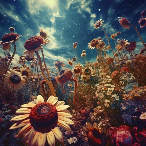 stoner death, 60s photography, trippy flower field cinematic scene, metal album cover, HD, low angle, very detailed--v 5.1