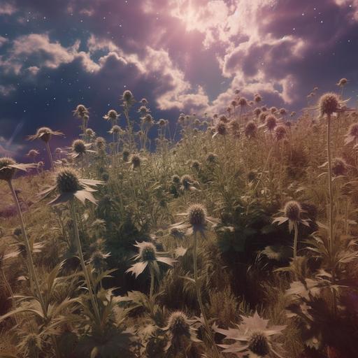 stoner death, 60s photography, trippy flower field cinematic scene, metal album cover, HD, low angle, very detailed--v 5.1
