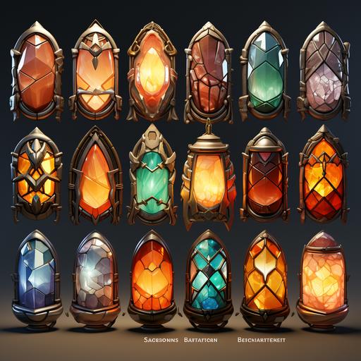 stoneware, fantasy game weapons, prop sheet, terracotta, weathering and patina, metal and stoneware contrast, glass accents, rim lighting, volumetric rays, back lighting, specular contrast, raytracing, subsurface scattering, translucency, stained glass, prismatic --s 222 --c 22 --v 5.2