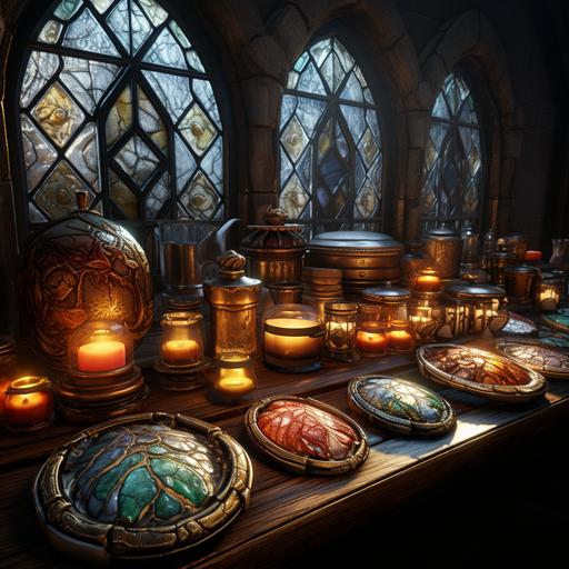 stoneware, fantasy game weapons, prop sheet, terracotta, weathering and patina, metal and stoneware contrast, glass accents, rim lighting, volumetric rays, back lighting, specular contrast, raytracing, subsurface scattering, translucency, stained glass, prismatic --s 222 --c 22 --v 5.2