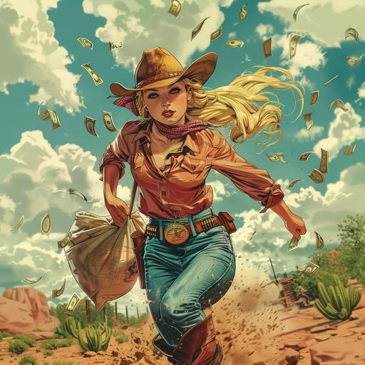 a cowgirl with a blond braid running away with a bag full of money. Tex Willer Comic Book Style --s 250 --v 6.0