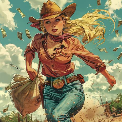 a cowgirl with a blond braid running away with a bag full of money. Tex Willer Comic Book Style --s 250 --v 6.0