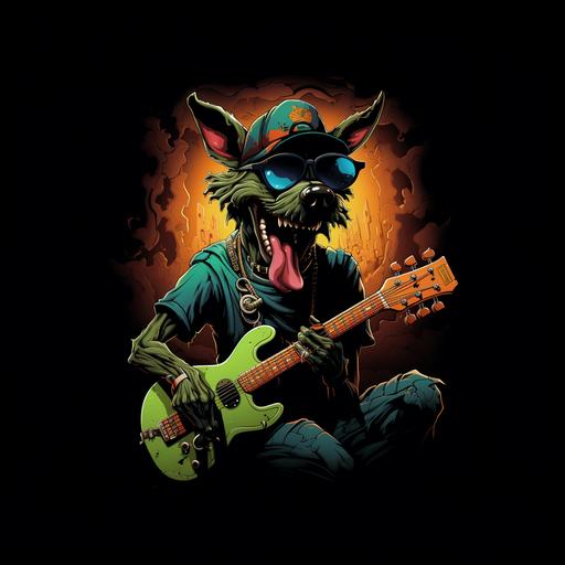 a dog similar to scooby doo playing a guitar with a mask on his face. cartoon graffiti style. black background --s 250